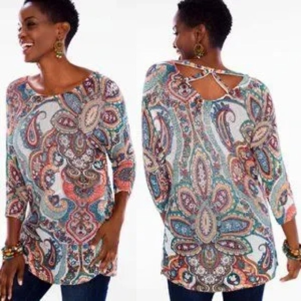 Chicoโs Paisley Lightweight Sweater Top Criss-Cross Back Chicos 3 XL